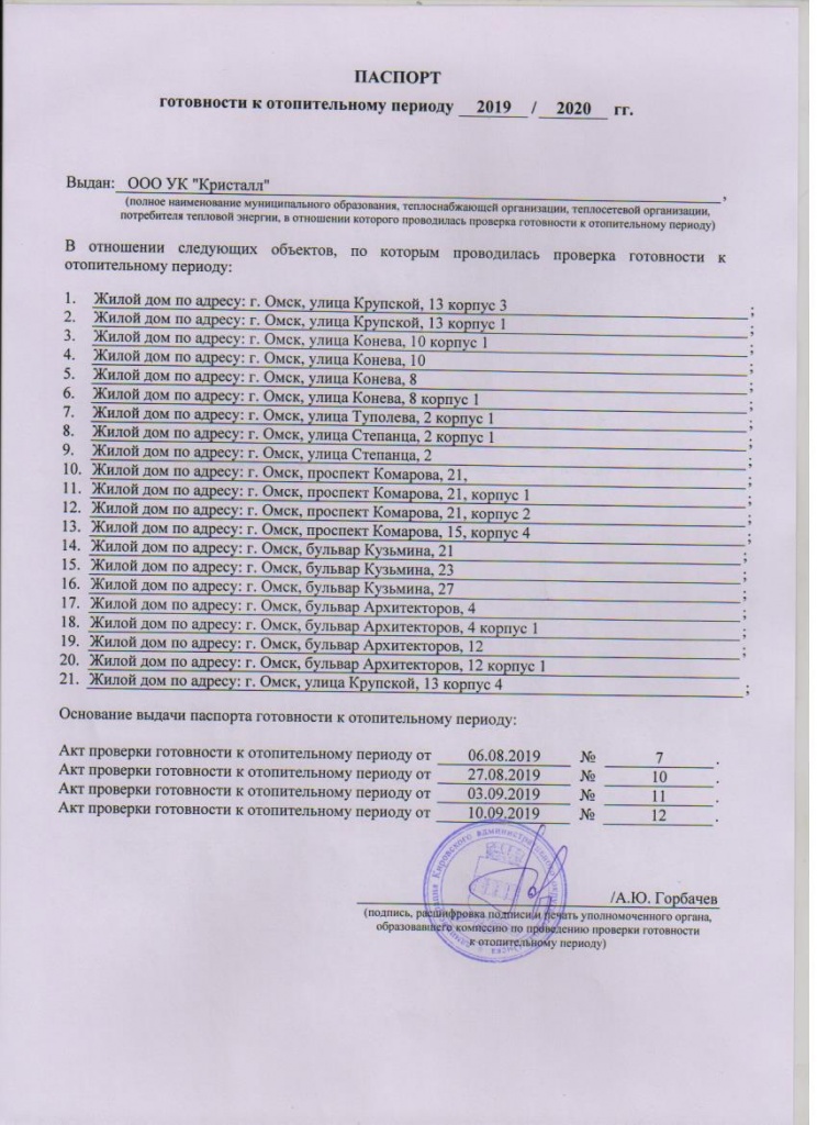 Паспорт готовности к отопительному сезону образец